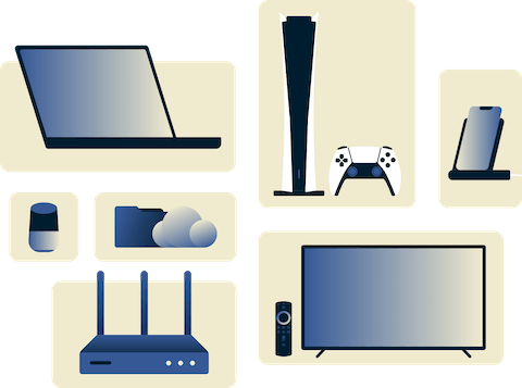 Illustrations of various devices: laptop, smart TV, game console, smartphone, router