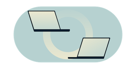 Two computer monitors linked by a gradient circle.