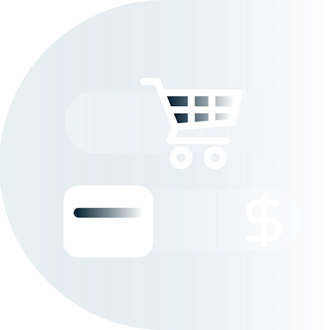 Shopping cart, credit card, and currency symbol.